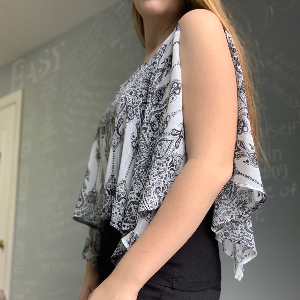 Flowing white + black patterned blouse